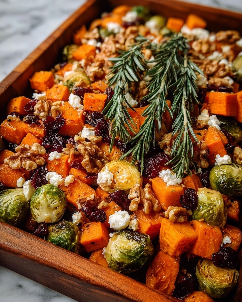 The image shows a wooden tray filled with a colorful roasted vegetable mix. The base layer consists of bright orange cubed sweet potatoes and carrots with a soft texture, mixed with green Brussels sprouts that are slightly browned on the cut sides. Scattered on top are pieces of white, crumbly goat cheese and dark red dried cranberries, adding contrast. Light brown walnut halves are sprinkled evenly throughout, giving a crunchy texture. Two fresh green rosemary sprigs lay across the center, adding a fresh touch to the dish. The tray rests on a white marbled surface. photo taken with an iphone --ar 4:5 --v 7