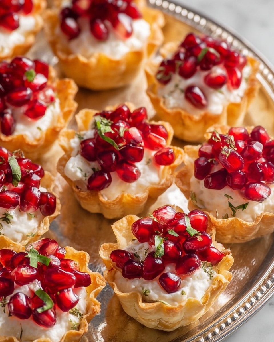 The image shows several small tartlets arranged on a shiny silver tray. Each tartlet has three visible layers: a light golden, crispy and ruffled pastry shell forming the base and sides, a smooth, creamy white layer filling the shell, and a topping of glossy, bright red pomegranate seeds scattered on top with small green herb sprigs adding a touch of color and texture. The tartlets are placed close to each other, with the details of the pastry and the shiny juice of the pomegranate seeds standing out clearly against the metallic tray surface. photo taken with an iphone --ar 4:5 --v 7
