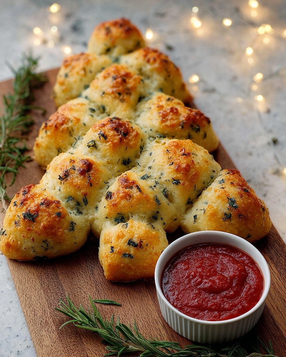 A group of small, golden-brown garlic and herb bread rolls shaped like a Christmas tree, each roll fluffy with a crispy top and flecked with green herbs, arranged closely together to form the tree shape with a wider base and tapering top. Next to the bread tree is a small white cup filled with thick red marinara sauce that has a smooth texture. The set is placed on a wooden board with some sprigs of rosemary and soft warm fairy lights in the background, all on a white marbled surface. photo taken with an iphone --ar 4:5 --v 7