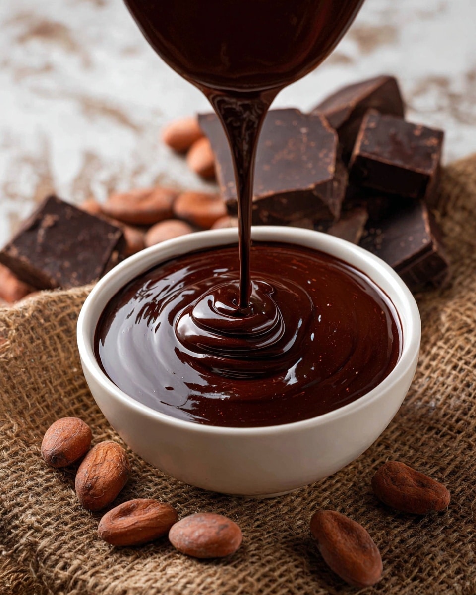A close-up view of thick, shiny dark chocolate sauce being poured into a round white bowl filled almost to the top, creating soft ripples and a smooth surface on the chocolate layer. Around the bowl, there are various chunks of dark chocolate and light brown cocoa beans placed on coarse burlap fabric, all set against a white marbled texture background. Photo taken with an iphone --ar 4:5 --v 7