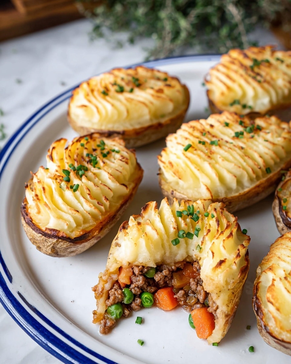 The image shows four stuffed potato halves on a white oval plate with a blue rim, placed on a white marbled surface covered partially by a gray and white checkered cloth. Each potato half forms one layer of a dark brown meaty filling topped by a thick layer of piped mashed potatoes that are golden-brown and crispy on top with a swirl and wave pattern, garnished with chopped green herbs. In the background, there are fresh whole carrots, an onion, two garlic bulbs, and some green herbs, along with a lit candle and a bowl of coarse salt visible at the edges. photo taken with an iphone --ar 4:5 --v 7