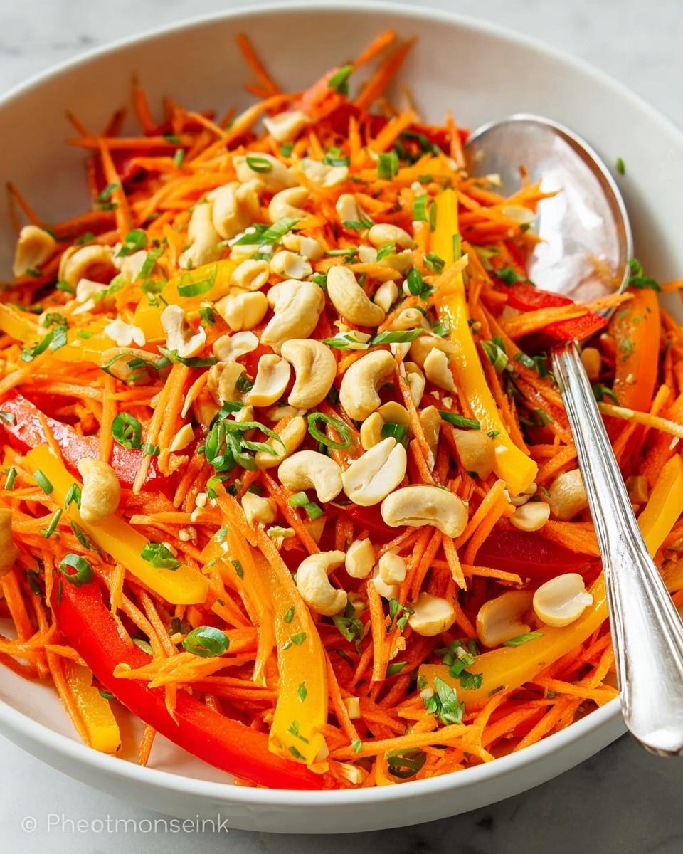 A white bowl on a white marbled surface holds a colorful salad mostly made of thin orange carrot sticks layered with bright red and yellow bell pepper strips. On top, there is a small pile of chopped cashew nuts, scattered with fresh green herbs and thinly sliced green onions. A shiny silver spoon rests inside the bowl on the right side, slightly digging into the mix. Some fresh green cilantro leaves are placed casually around the bowl on the surface. photo taken with an iphone --ar 4:5 --v 7