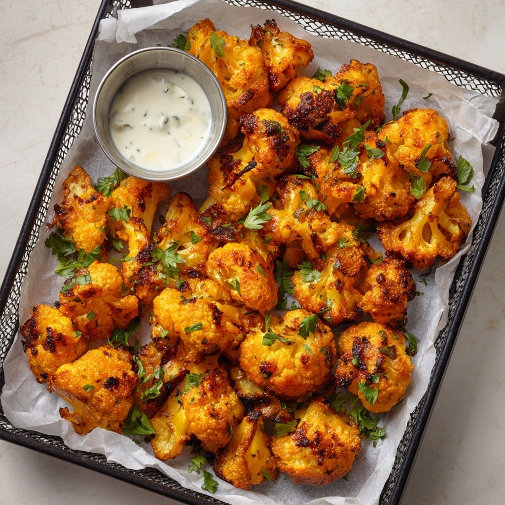 This image shows bright orange battered cauliflower pieces spread over a black wire rack lined with white parchment paper that sits on a baking tray, all placed on a white marbled surface. The cauliflower has a crispy texture with some darker spots where it is slightly charred. In the middle, there is a small silver metal cup filled with white creamy sauce, and some fresh green parsley leaves are scattered around the cauliflower, adding a pop of color to the scene. photo taken with an iphone --ar 4:5 --v 7