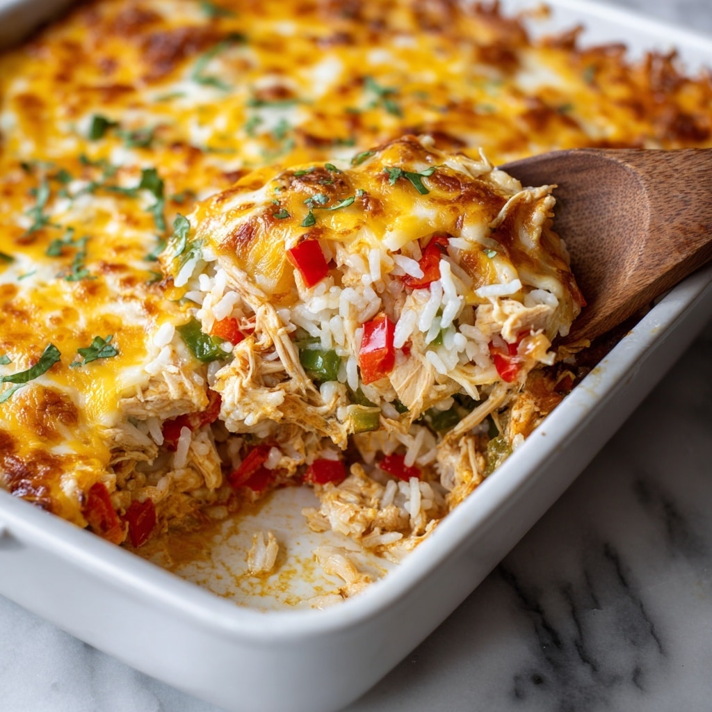 A close-up view of a baked casserole dish with a creamy, textured top layer of melted yellow and white cheese, covering a thick mix of shredded chicken, cooked rice, and colorful bell pepper slices in red, green, and yellow. One piece has been scooped out, revealing the dense, soft, and moist inner layers combining tender chicken, rice, and chopped peppers with a sauce that slightly stains the white casserole dish, which sits on a white marbled surface. Photo taken with an iphone --ar 4:5 --v 7