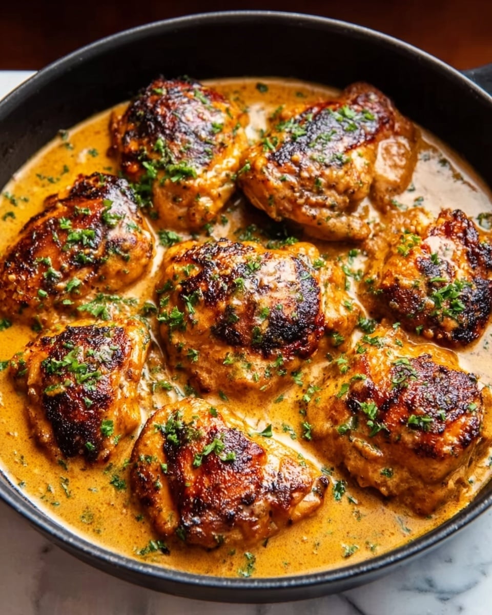 The image shows a black pan filled with seven pieces of cooked chicken coated in a creamy yellow sauce with spices. Each piece of chicken has a light char with dark brown grill marks and is sprinkled with small green herb bits. The sauce looks smooth and slightly thick, covering the bottom of the pan and pooling around the chicken. The pan is placed on a white marbled surface. Photo taken with an iphone --ar 4:5 --v 7