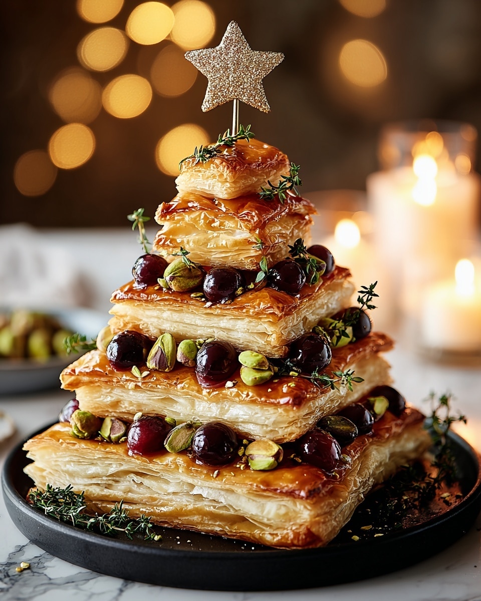 The dish is a pyramid-shaped stack of six golden-brown puff pastry layers, each separated by a layer of bright red cranberries and some cream. The pastries have a shiny, glazed look with a light, flaky texture. The cranberries are plump and glossy, with small green leaves and a few scattered green pistachios adding color contrast. The top layer is decorated with a sprig of fresh green rosemary and a small gold decoration. The whole stack sits on a black plate, with extra cranberries and pistachios around the base, all set against a softly blurred background with warm yellow and orange bokeh lights. Photo taken with an iphone --ar 4:5 --v 7