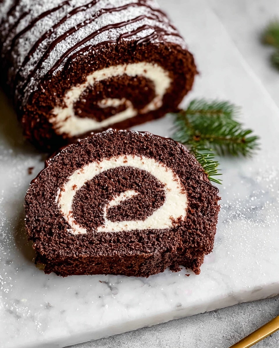 A single slice of chocolate roll cake is placed on a white plate with a ridged edge, sitting on a white marbled texture. The roll cake has two main layers: a dark brown chocolate sponge shape spiraled with a thick white cream filling, creating a clear swirl pattern. The outer surface is dusted with powdered sugar, adding a snowy effect. On top of the cake slice, small clusters of red berries dusted with powdered sugar give a festive look, accompanied by a small sprig of green pine also lightly dusted. To the right of the plate, a gold fork is partially visible, and a red cloth is folded and placed at the bottom left of the image. photo taken with an iphone --ar 4:5 --v 7