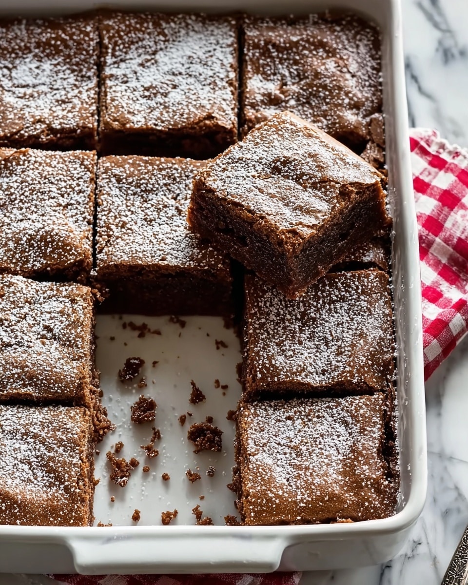 The image shows a white rectangular baking dish filled with nine square pieces of chocolate brownies. One brownie is lifted above the others, showing the thick, crumbly texture with visible cracks on top. The brownies are dark brown and have a light dusting of white powdered sugar scattered unevenly over the surface of the squares. The baking dish is on a white marbled texture, and a red and white checked cloth is partially visible near the bottom right corner. A small cluster of crumbs is scattered inside the dish and around the removed piece. Photo taken with an iphone --ar 4:5 --v 7