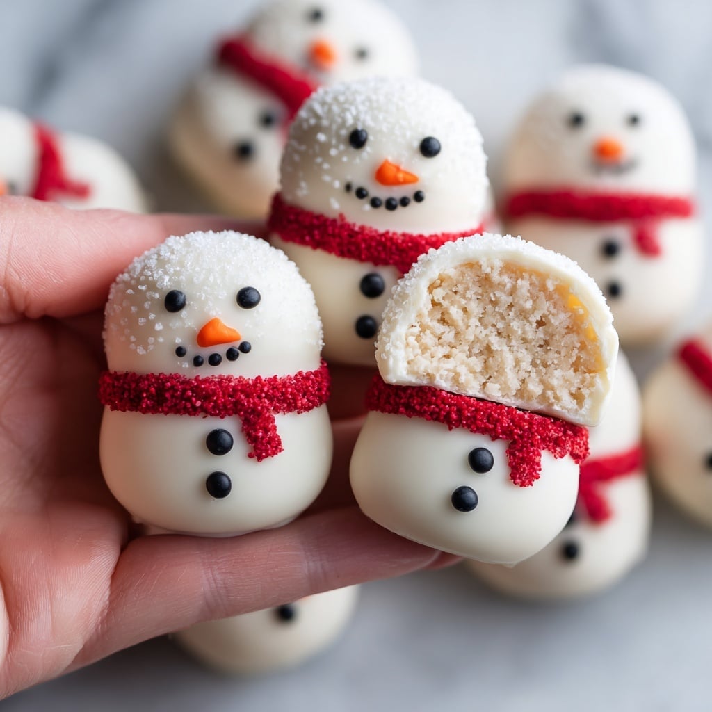 The image shows several small snowman-shaped treats with two layers: a smooth, shiny white coating forming the body and head, and a light beige, textured interior visible in one cut-open snowman. Each snowman has a thin, red sugary strip wrapped around the neck as a scarf. The faces are detailed with small black dots for eyes, a curved black line for the mouth, and an orange pointed nose, all drawn on the white coating. Black dots serve as buttons on their bodies. The snowmen rest closely together on a white marbled surface. photo taken with an iphone --ar 4:5 --v 7
