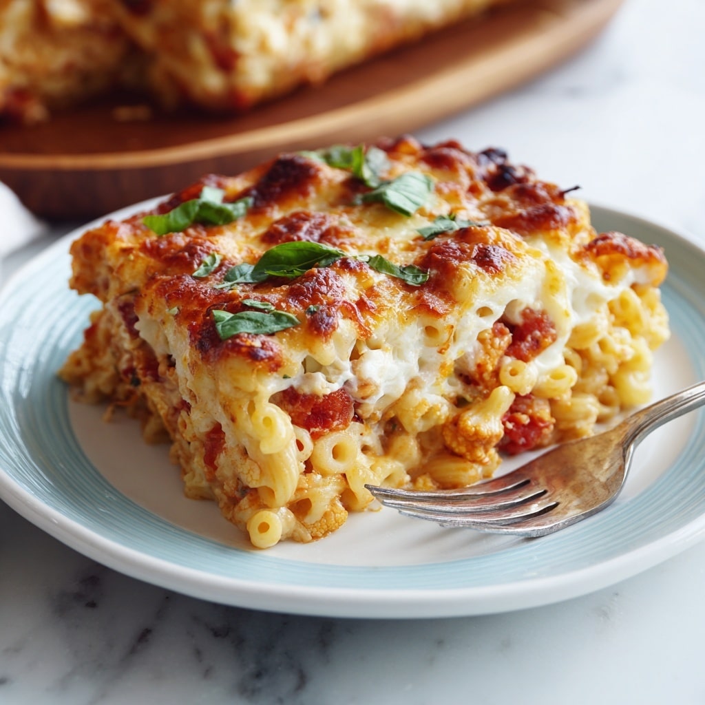 A baked pasta casserole in a clear glass baking dish set on a wooden board over a white marbled texture, showing a top layer of golden, bubbly melted cheese with browned spots and scattered fresh green basil leaves. Beneath this cheese, there's a rich, chunky red tomato sauce mixed with soft, cooked pasta tubes and pieces of roasted red peppers, creating a mix of creamy white, vibrant red, and green colors. The cheese layer appears thick and slightly browned in areas, while the pasta and sauce beneath provide texture and depth through the transparent sides of the dish. Photo taken with an iphone --ar 4:5 --v 7