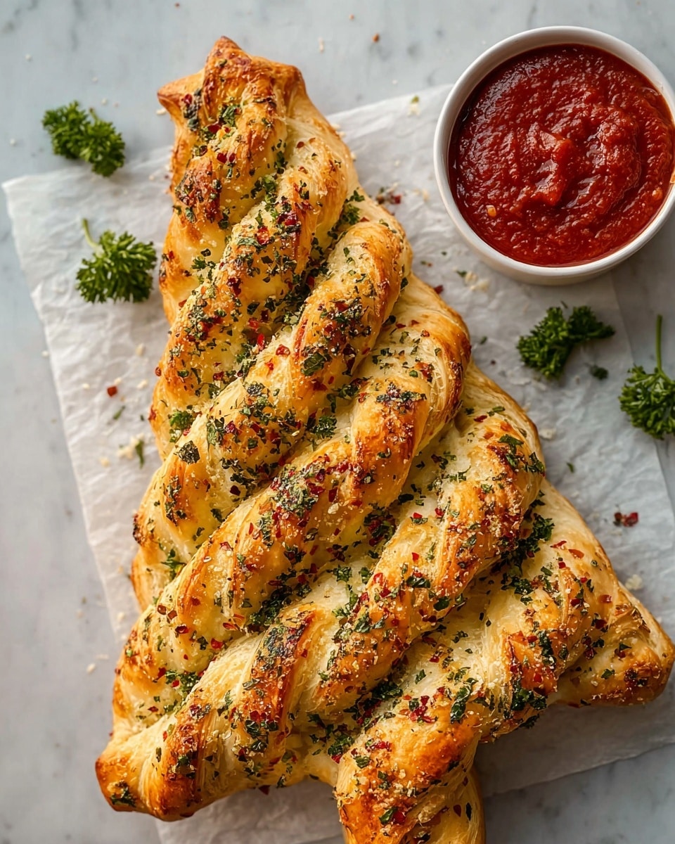 A golden brown bread shaped like a Christmas tree with several cut layers resembling branches, each layer showing a soft, slightly cheesy white inside with herbs sprinkled on top and between the layers, giving a textured look with green and red specks; the bread is placed on white parchment paper on a wooden board, with fresh parsley scattered around and a small white bowl filled with bright red marinara sauce on the right side; the bread’s surface looks crispy with a mix of melted cheese and herbs, and the whole scene sits on a white marbled texture photo taken with an iphone --ar 4:5 --v 7