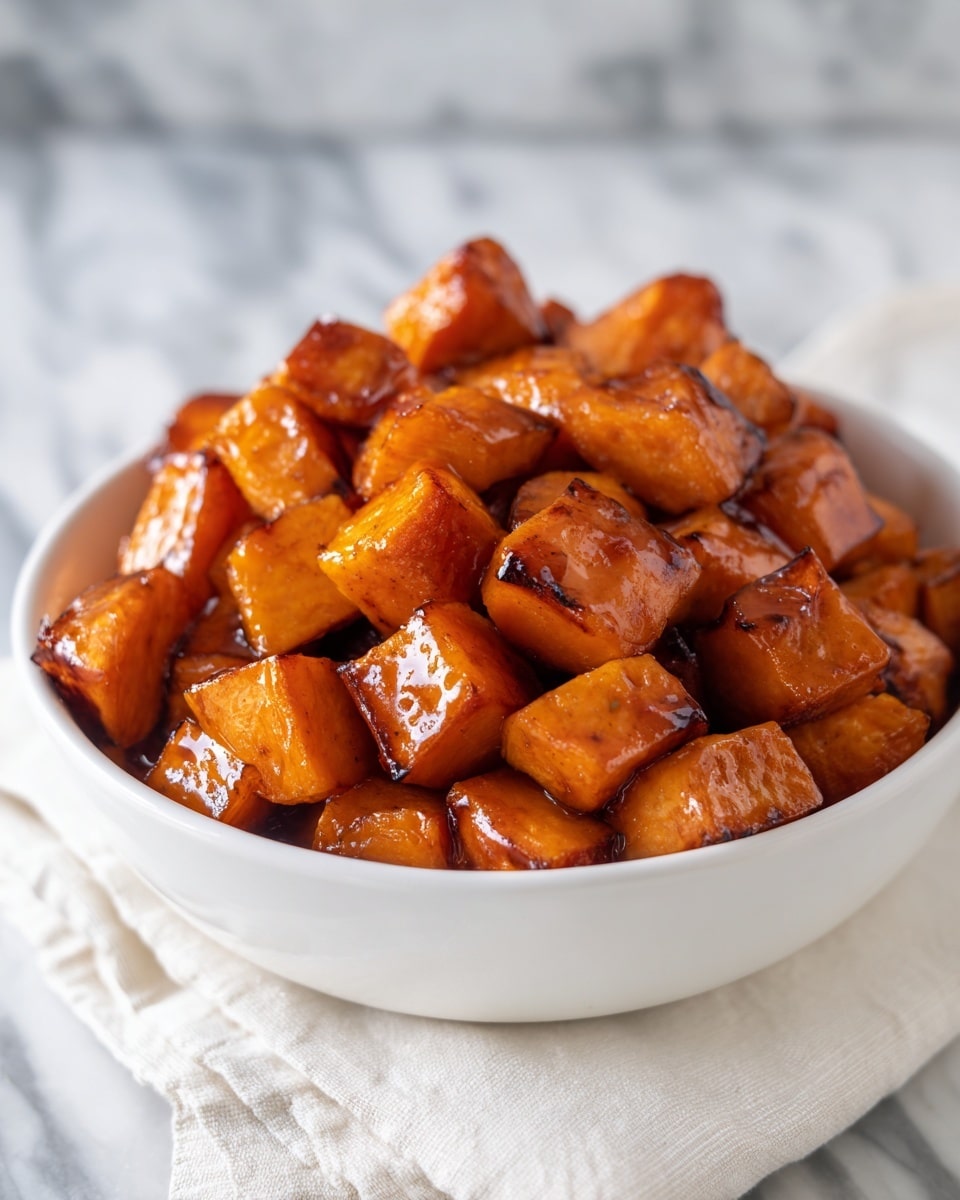 A white bowl filled with large, glossy, orange roasted sweet potato cubes stacked evenly, each piece showing a slight caramelized browning on the edges with a smooth, shiny texture from a glaze or oil. The bowl is sitting on a white marbled surface with a beige cloth partially visible on the left side. The lighting highlights the glossy shine and rich orange color of the sweet potatoes, making them look soft and tender. photo taken with an iphone --ar 4:5 --v 7