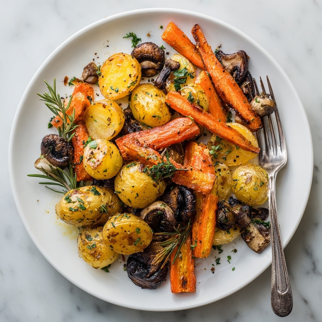 A white plate filled with a mix of roasted vegetables arranged in a casual pile. The bottom layer has golden brown halved baby potatoes with a crispy skin, sprinkled with green herbs and black pepper. Scattered among and on top are thick, bright orange roasted carrot segments with a slightly charred surface and specks of herbs. Dark brown mushrooms with a textured, roasted look are nestled between the potatoes and carrots. Fresh rosemary sprigs are placed on top for color and texture contrast. A silver fork rests on the right side of the plate. The whole setup is on a white marbled surface. photo taken with an iphone --ar 4:5 --v 7