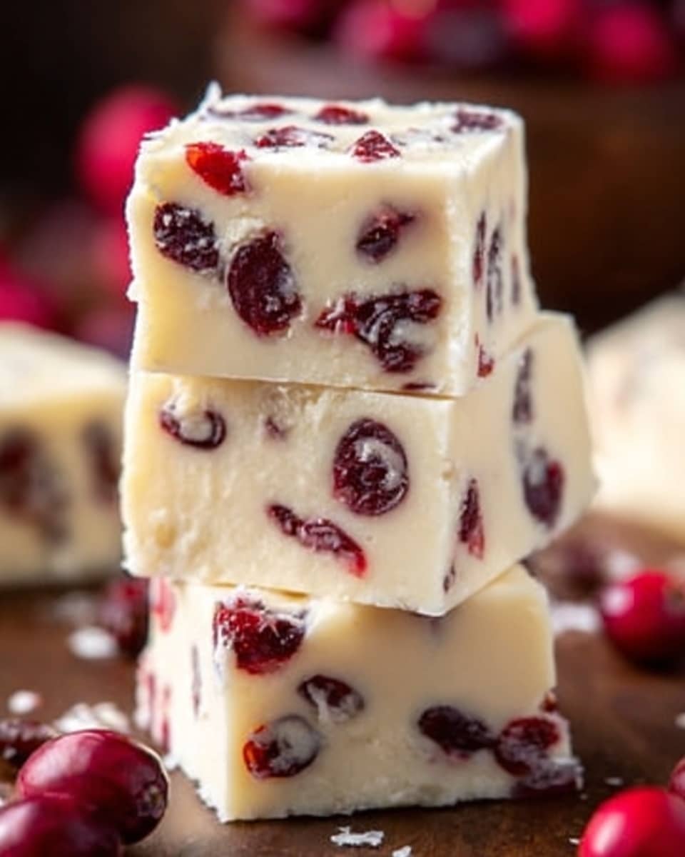 The image shows a stack of three thick square pieces of creamy white fudge with dark red dried cranberries mixed throughout each piece. Each fudge layer is smooth and dense, with visible chunks of cranberries embedded inside, giving a speckled look. Thin white paper sheets are placed between each fudge piece, separating them clearly. The stack is set on a white marbled surface with scattered fresh cranberries and a blurred background, adding a rustic feel. The colors contrast nicely with the soft white fudge and bright red berries. photo taken with an iphone --ar 4:5 --v 7