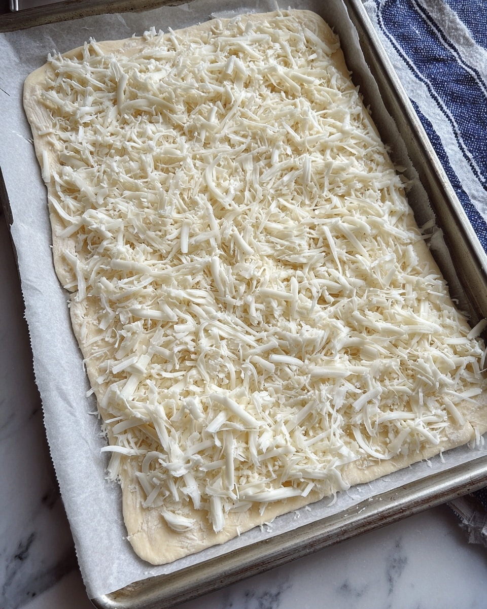 A rectangular pizza dough laid out on parchment paper in a metal baking tray, with an even layer of shredded white cheese spread all over the surface. The dough is slightly pale and soft in texture, while the cheese pieces are varied in size and texture, giving a fluffy and stringy look. The scene is set on a white marbled surface with a blue and white striped cloth in the background. Photo taken with an iphone --ar 4:5 --v 7