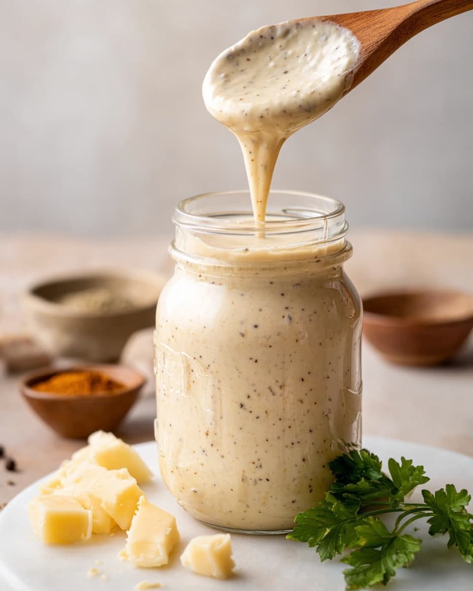 A clear glass jar is filled almost to the top with creamy, light beige sauce speckled with small black and green herbs. A wooden spoon lifts some sauce out of the jar, with the sauce slowly dripping back in, showing its thick and smooth texture. The jar sits on a white marbled surface, surrounded by a few pieces of pale yellow cheese, a small green parsley sprig, and a brown cloth on the side. In the blurred background, there are two small white bowls holding spices. The image captures a close-up view with soft natural light. Photo taken with an iphone --ar 4:5 --v 7