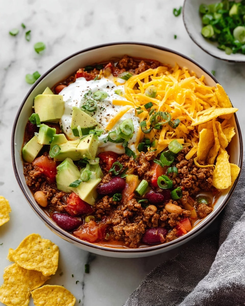 A bowl filled with chili showing a thick mix of brown cooked ground meat, red kidney beans, and orange pinto beans, along with chunks of red tomatoes and green bell peppers at the bottom layer. On top, there are layers of bright yellow shredded cheddar cheese and white dollops of sour cream sprinkled with black pepper. Light green diced avocado pieces rest next to the sour cream, and some round yellow corn chips are placed partly inside the chili. Scattered bright green chopped spring onions are sprinkled over the cheese, sour cream, and avocado. The bowl is white with a dark rim, set on a white marbled surface with some torn green onion bits around and a grey cloth near the bowl. Photo taken with an iphone --ar 4:5 --v 7