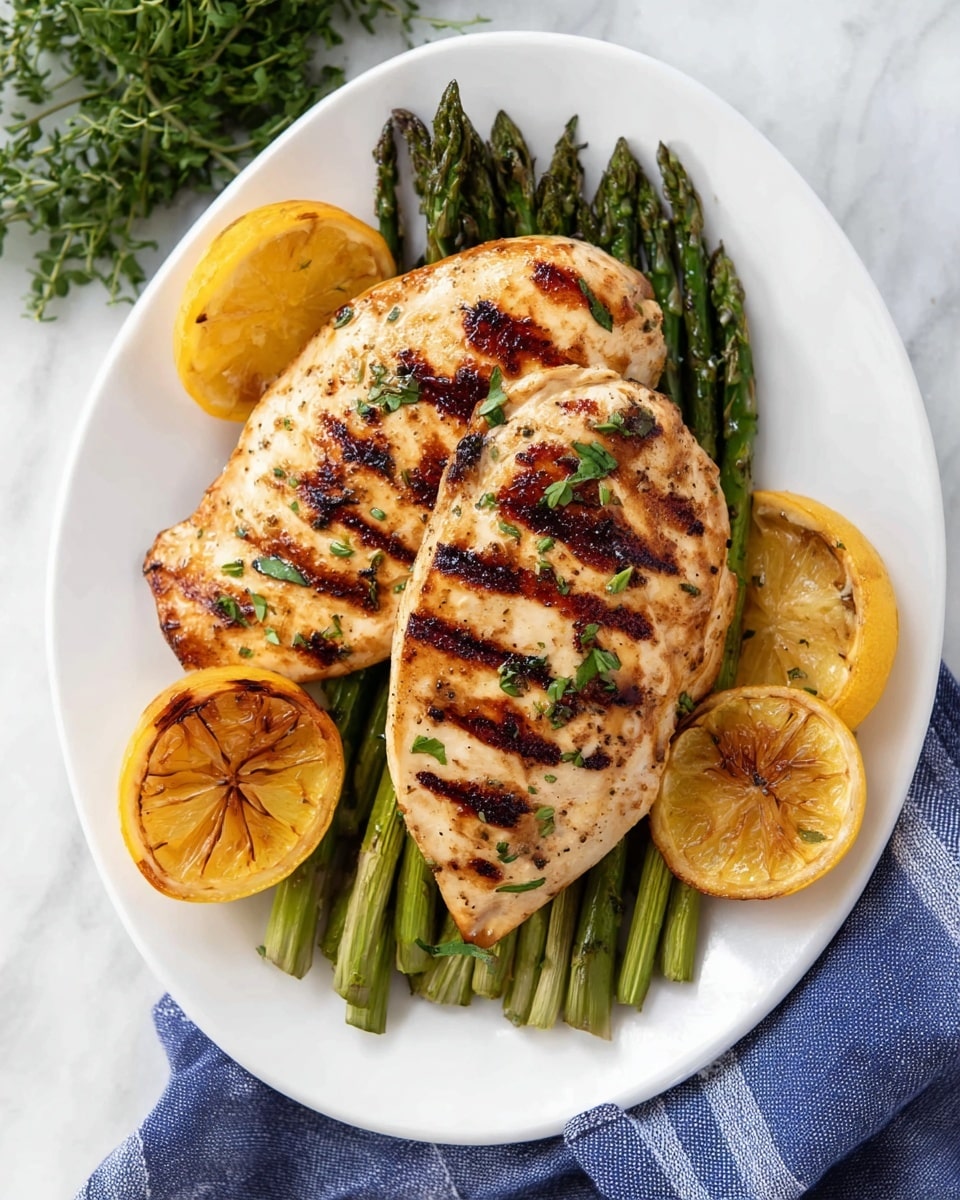 The dish shows two grilled chicken breasts with clear dark grill marks placed on top of each other, both light golden brown with small green herb leaves sprinkled over them. Underneath the chicken, there is a layer of green grilled asparagus spears, some of which have char marks and a slightly wrinkled texture. Around the edges of the white plate, there are three slices of grilled lemon with a golden-brown caramelized surface. The plate is set on a white marbled textured surface with a blue and white cloth on the side, and some sprigs of fresh green herbs are placed next to the food. photo taken with an iphone --ar 4:5 --v 7