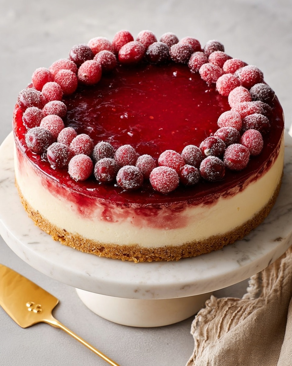 A round three-layer cheesecake sits on a white plate with a crumbly golden brown crust as the bottom layer, a thick creamy white middle layer, and a smooth deep red top layer. On top, there is a ring of frosted red cranberries arranged neatly around the edge, contrasting with the glossy red surface of the cheesecake. The cake is placed on a white marbled textured surface with a gold cake server and a cream cloth nearby. Photo taken with an iphone --ar 4:5 --v 7