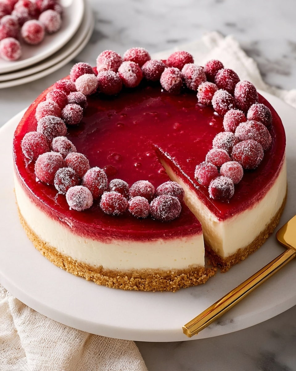 A three-layer round cheesecake sits on a white cake stand with a white marbled texture. The bottom layer is a light brown crumbly crust. The middle layer is thick, creamy, and off-white, with a smooth texture. The top layer is a shiny, deep red fruit glaze that covers the entire surface evenly. On top, frosted red cranberries form a full circular ring near the edge. A gold cake server and a beige cloth are placed beside the stand. Photo taken with an iphone --ar 4:5 --v 7