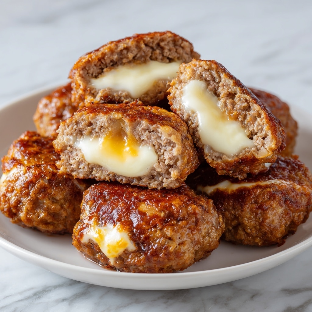 This image shows several pieces of brown cooked meat shaped like small patties, each with a melted white cheese center. The meat looks soft and moist with a slightly rough texture on the outside. One piece is cut open to reveal a thick layer of light brown cooked meat surrounding a smooth, gooey white cheese core. The pieces are placed closely together on a white plate, set against a white marbled surface. photo taken with an iphone --ar 4:5 --v 7