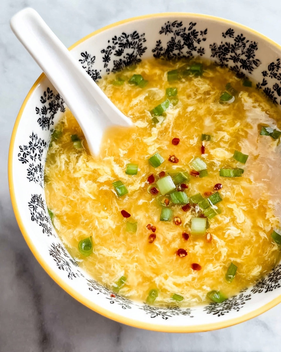 A bowl of thick yellow egg drop soup with visible streaks of cooked egg creating a soft, delicate texture throughout the broth, scattered with small bright green chopped scallions and a few tiny red chili flakes on top, served in a white bowl with black floral patterns and a thin yellow rim, a smooth white ceramic spoon partially submerged on the left side, all placed on a white marbled texture surface. photo taken with an iphone --ar 4:5 --v 7