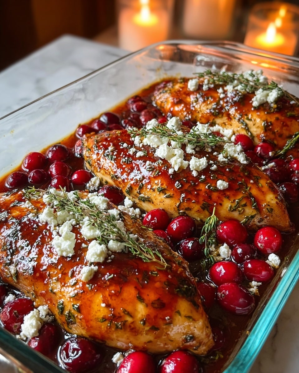 The image shows two grilled chicken breasts on a silver tray. The chicken has a golden brown color with a slightly crispy texture, and it is covered with a thick layer of bright red cranberry sauce, with whole cranberries visible. On top of the sauce, there is a sprinkle of white crumbled cheese and some green herbs scattered evenly. The background surface is a white marbled texture. photo taken with an iphone --ar 4:5 --v 7