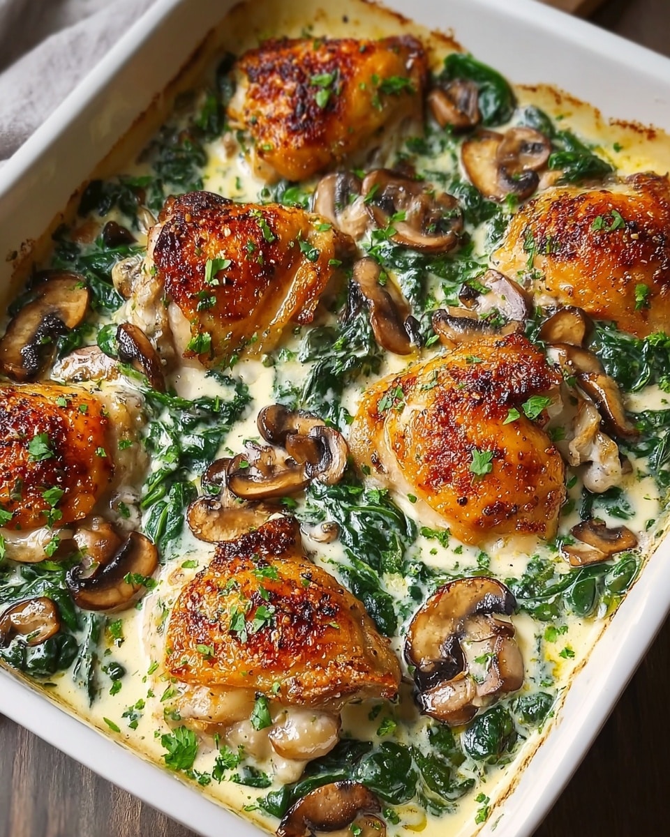 A white rectangular baking dish filled with a baked creamy chicken dish. There are seven pieces of golden brown, crispy chicken thighs layered on top. Underneath and around the chicken, there is a creamy white sauce mixed with vibrant green cooked spinach. Scattered across the dish are sliced brown mushrooms, adding texture and earthiness. The entire dish is sprinkled with finely chopped fresh herbs, likely parsley, adding a touch of green contrast. Photo taken with an iphone --ar 4:5 --v 7