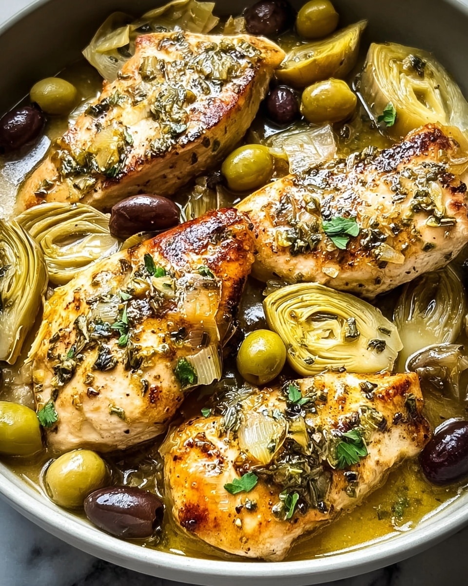 The image shows a close-up of three golden-brown chicken breasts cooked to have a crispy textured top with some sprinkled green herbs. Surrounding the chicken pieces are several cut artichoke hearts with a soft, light green color and visible layers, along with whole green and dark olives adding pops of shiny color. All ingredients are sitting in a light, oily sauce that glistens, visible in the spaces between the pieces. The dish is set against a white marbled texture background. photo taken with an iphone --ar 4:5 --v 7