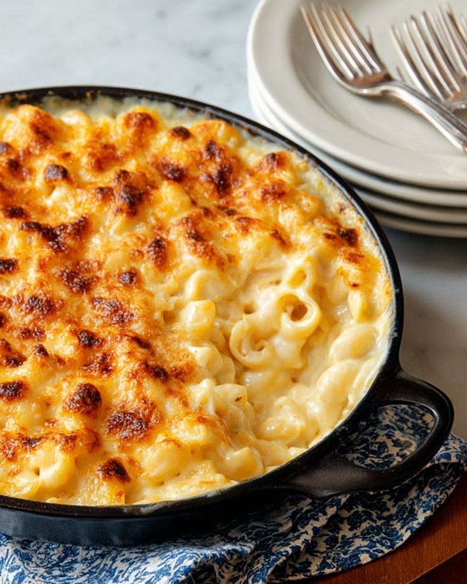 The image shows a close-up of a round black pan filled with creamy macaroni and cheese. The dish has one main layer of elbow macaroni covered in a thick, cheesy sauce that is pale yellow with some golden brown spots from baking. The top layer is bubbly and slightly browned cheese, creating a textured surface with some melted cheese strands. The pan is placed on a folded blue and white striped cloth on a wooden table. Nearby, there are stacked white plates with floral edges and two forks on the right, all placed on a white marbled surface. photo taken with an iphone --ar 4:5 --v 7