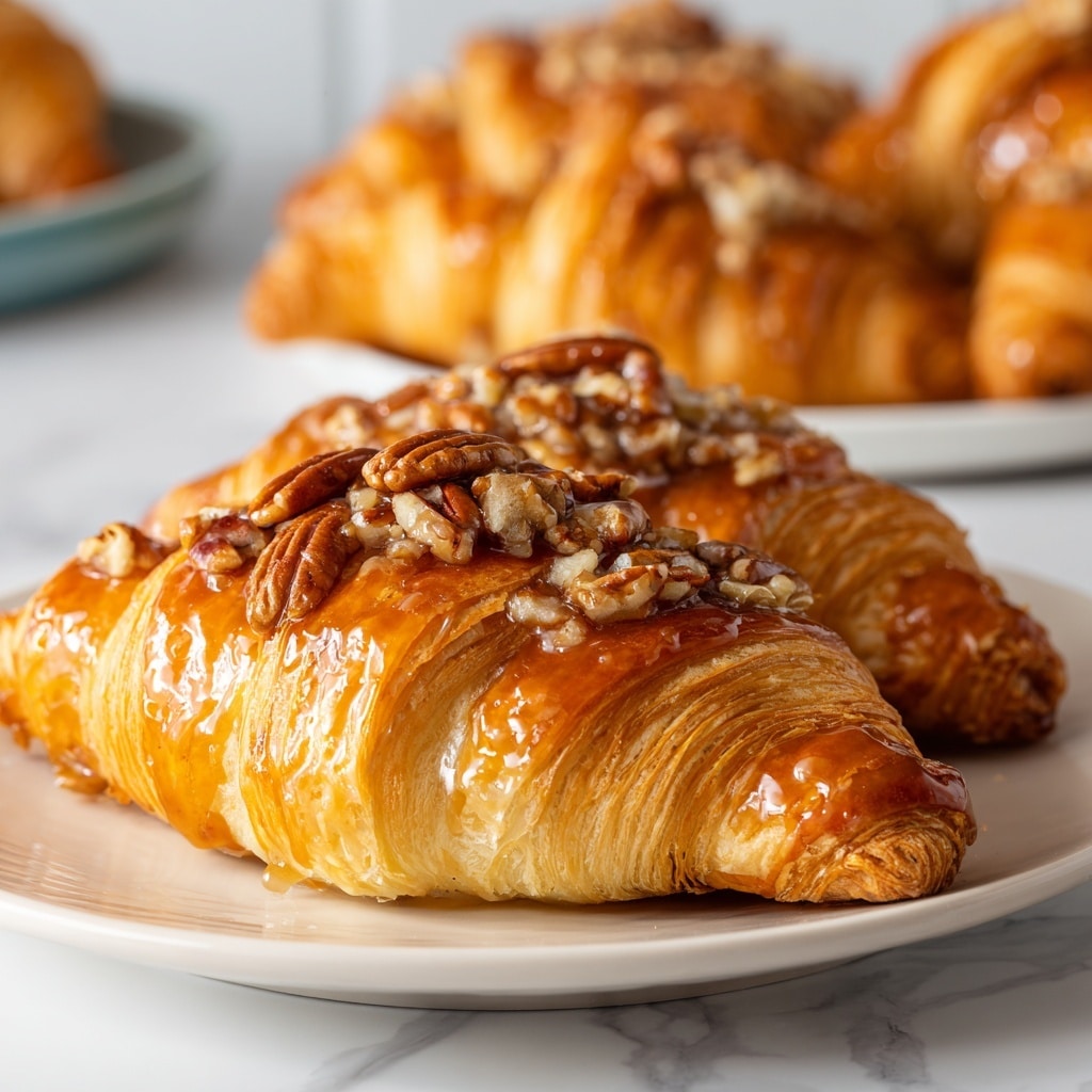 The image shows a close-up of golden brown, glossy pastries with many thin, flaky layers. Each pastry is curved and filled at the center with a mixture of chopped nuts and whole pecans, which are dark brown and shiny, sitting on top of the light caramel-colored filling. The pastry's outer layers are crisp and have a shiny, sticky glaze that reflects light, making them look fresh and sweet. The pastries are arranged closely together on a white plate set on a white marbled surface. Photo taken with an iphone --ar 4:5 --v 7