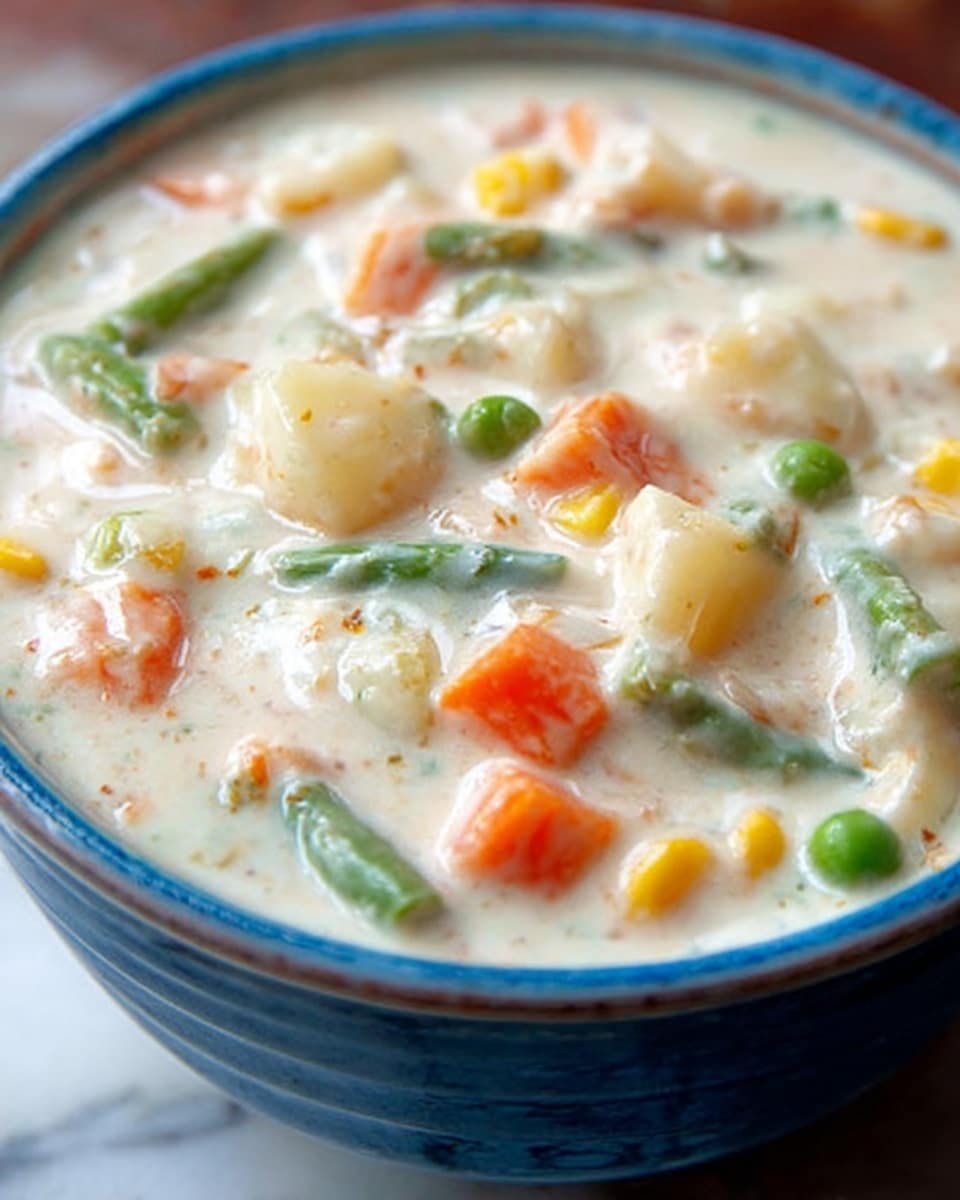A close-up of a creamy soup served in a white bowl with a blue exterior, filled almost to the top with thick, white broth. Inside the soup, there are multiple chunks of vegetables including orange carrot pieces, green beans, small green peas, and pieces of light yellow potato or corn, all mixed throughout the smooth cream base. The varying colors and chunky texture of the vegetables create a rich and hearty appearance, with the glossy soup surface showing small bubbles and slight froth. The white marbled texture under the bowl adds a clean and soft background that contrasts with the vibrant colors in the soup. Photo taken with an iphone --ar 4:5 --v 7