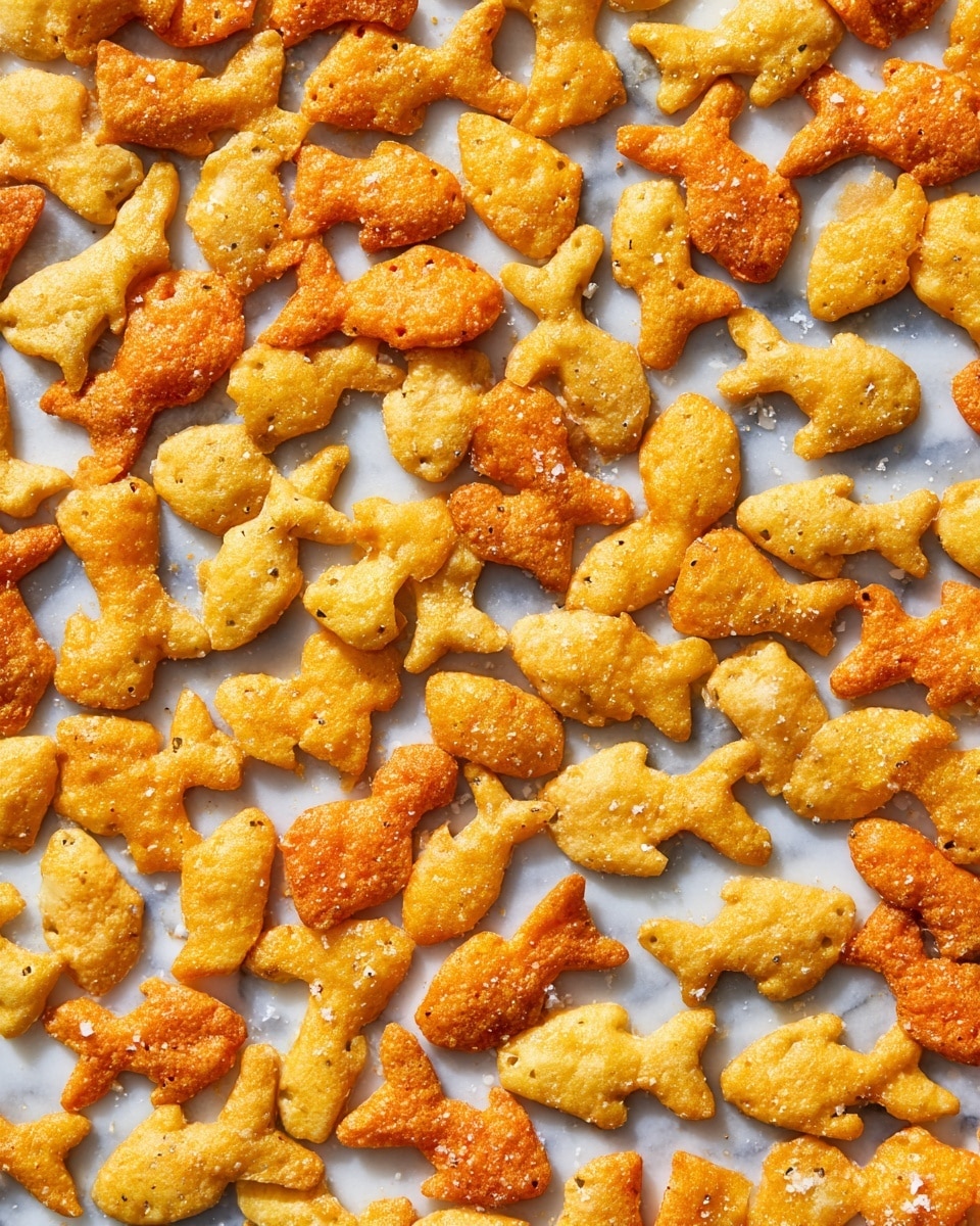 The image shows many small fish-shaped crackers spread out evenly over a white marbled textured surface. The crackers have a crispy texture with a mix of golden yellow and orange colors, and some pieces have a light sprinkle of salt on top. The fish shapes are simple with clear outlines, and all the crackers are lying flat and close together, covering the entire visible area. photo taken with an iphone --ar 4:5 --v 7
