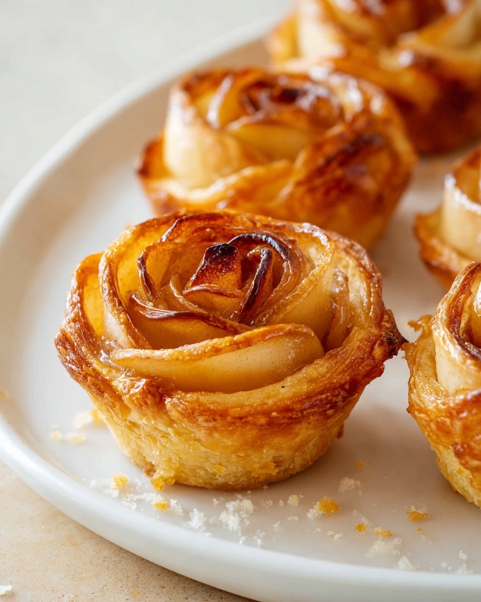 The image shows close-up mini pastries shaped like roses, each with multiple thin layers. The base is a golden-brown, crispy pastry with a rough, flaky texture that forms a solid cup shape. Above this is a swirl of thin, translucent apple slices, arranged tightly in a rose petal pattern with edges slightly caramelized to a darker amber color with hints of cinnamon. The apple layers are shiny and soft, with some crunchy, browned bits on the petals. The pastries sit on a smooth white plate with tiny crumbs scattered nearby, all set on a white marbled textured surface. photo taken with an iphone --ar 4:5 --v 7