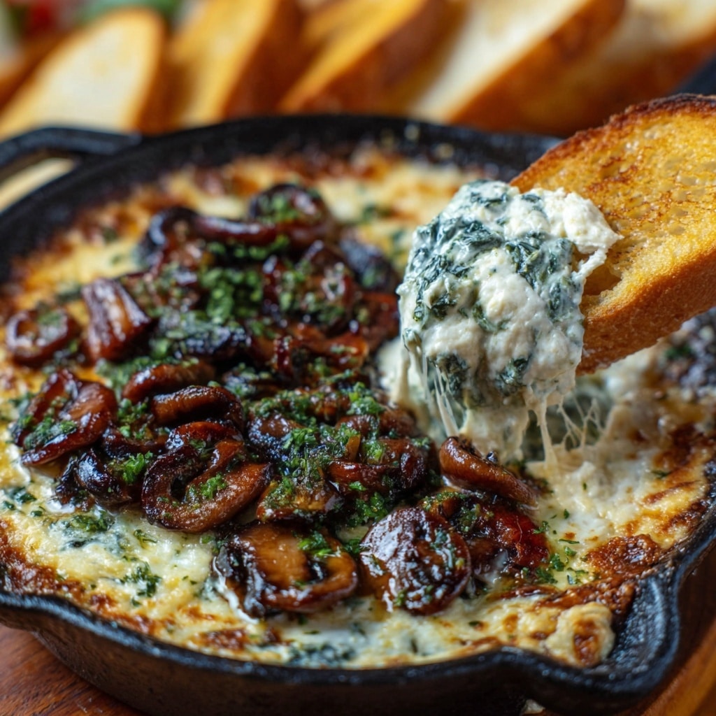 The image shows a round, white cast iron dish filled with a baked dip that has a golden-brown melted cheese layer on top, mixed with slices of browned mushrooms and bits of green herbs scattered across the surface. On the right side of the dish, a toasted white bread slice is dipped into the creamy, gooey cheese and spinach mixture beneath the top layer. The texture looks smooth and creamy under the mushrooms and cheese. The dish is placed on a white marbled surface with a few pieces of toasted bread visible in the background. photo taken with an iphone --ar 4:5 --v 7