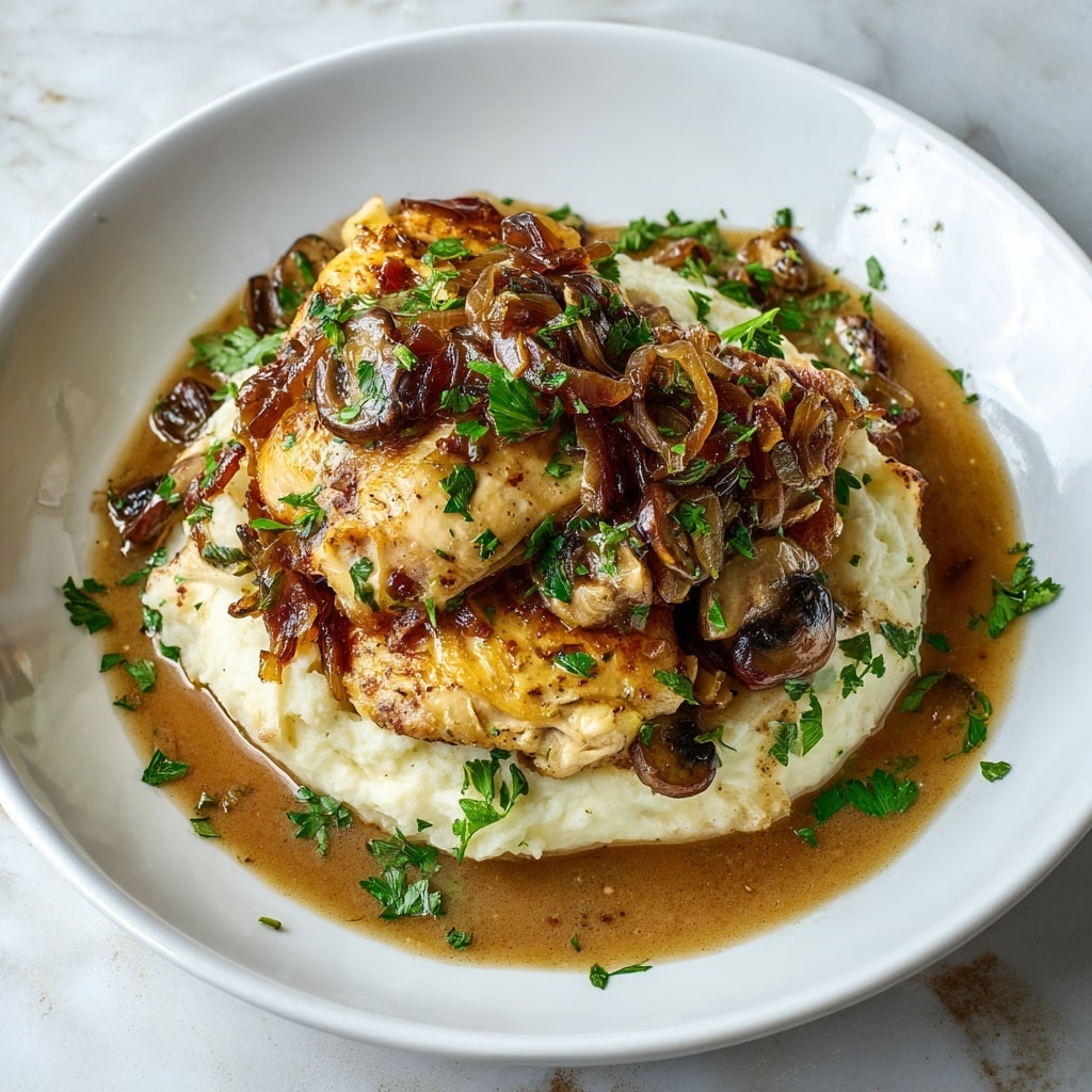 A white plate holds a dish with three layers: at the bottom, there is a creamy white mashed base that looks smooth and soft; above it are three golden-brown roasted chicken thighs, cooked with a slightly crispy texture. On top and around the chicken, there is a mix of caramelized onions that are translucent brown and soft, along with dark slices of mushrooms. The dish is sprinkled with small bright green fresh herbs, and a golden-brown sauce surrounds the layers on the plate. The plate sits on a white marbled surface. Photo taken with an iphone --ar 4:5 --v 7