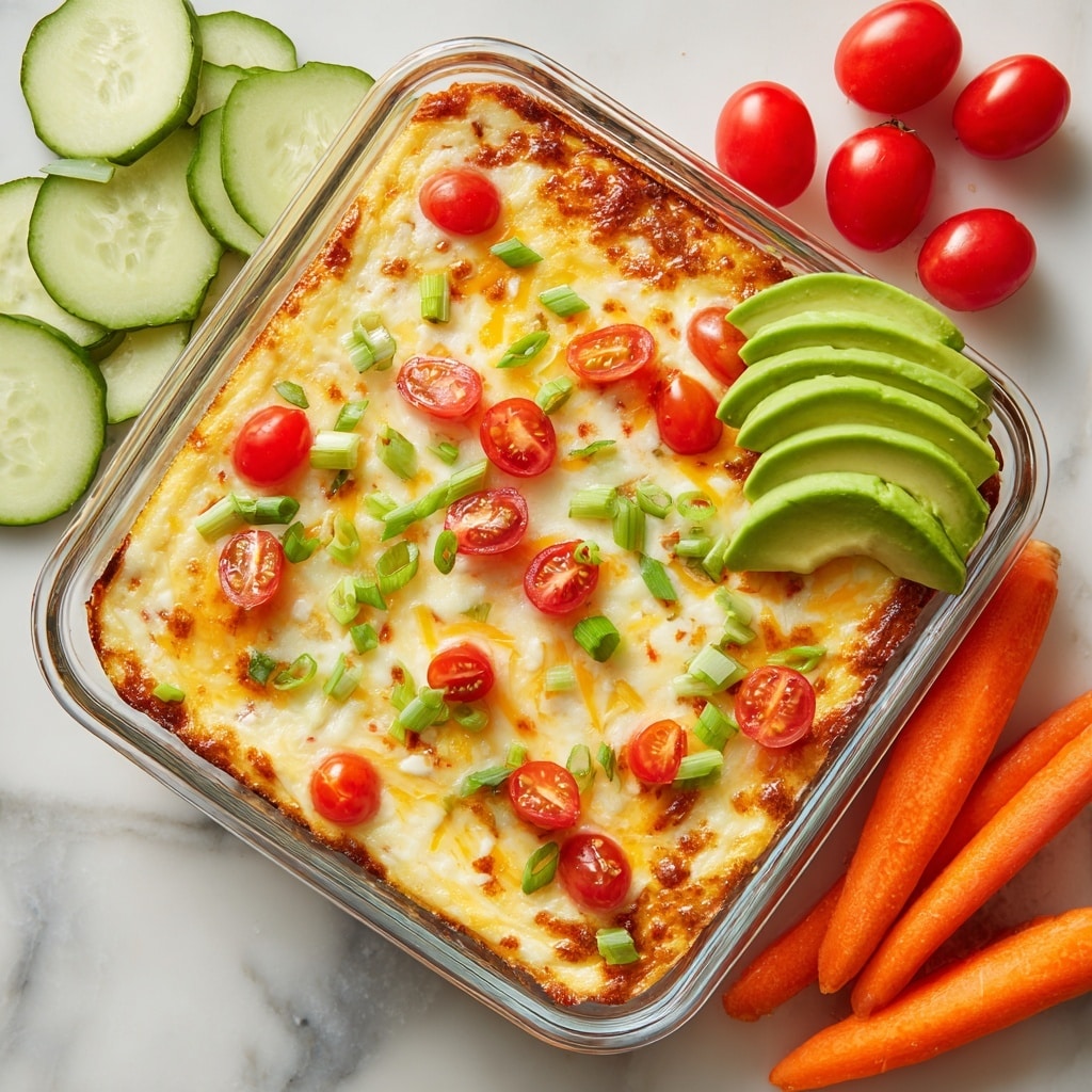 A clear glass square dish holds a layered baked casserole with a top layer of melted golden-yellow cheese mixed with white cheese. On the cheese surface, there are small pieces of bright red cherry tomato halves and chopped green onion slices scattered evenly. In the top right corner of the dish, there are thin slices of bright green avocado arranged neatly in a small fan shape. Around the dish, on a white marbled texture, there are thin cucumber slices on the top left and bottom right, and whole bright orange carrots on the top right and bottom left. photo taken with an iphone --ar 4:5 --v 7