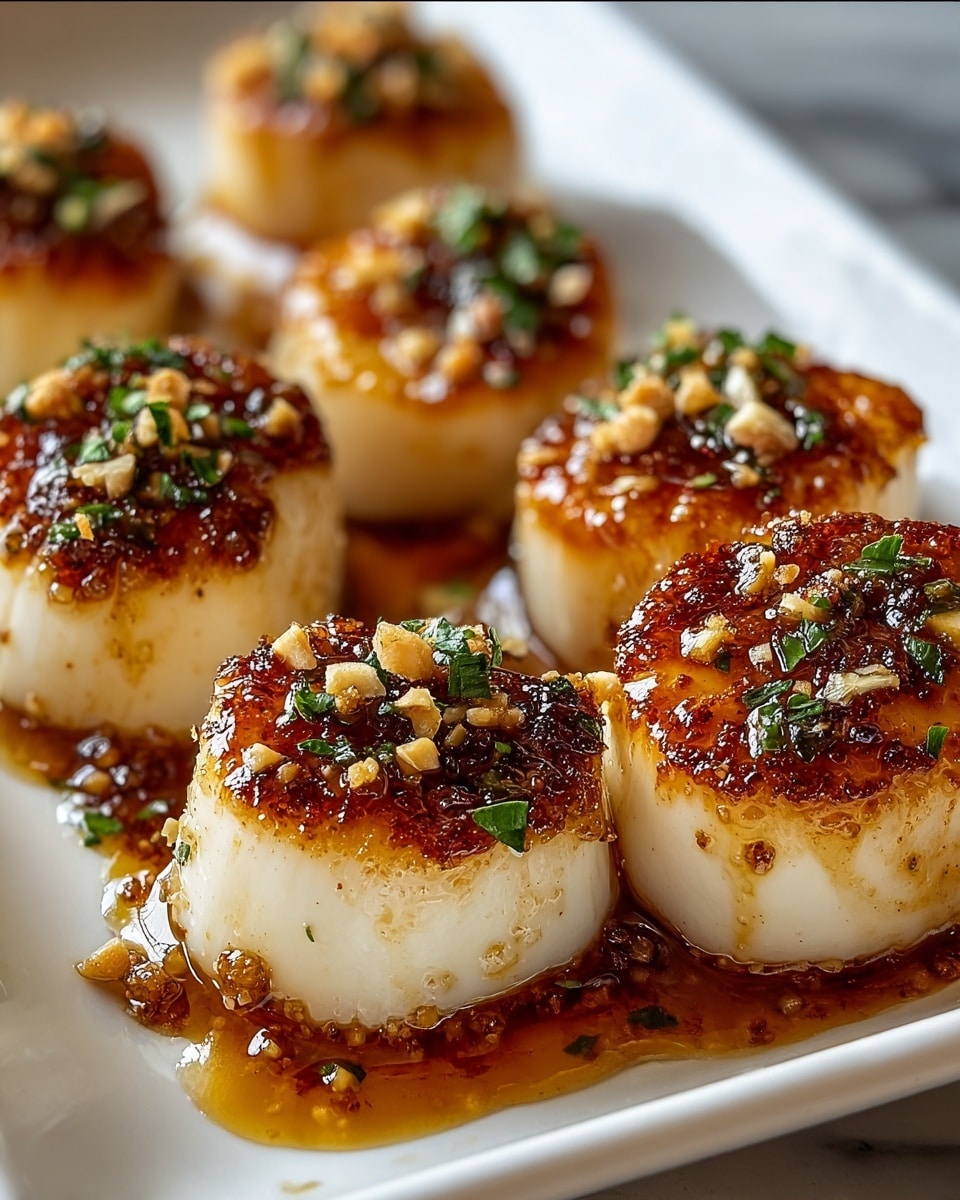 On a white rectangular plate, there are several round, creamy white scallops, each topped with a glossy, caramelized golden-brown crust. The scallops have a slightly crispy base with a hint of browning, and the top is sprinkled with small green herb flakes and tiny nut pieces. A shiny amber sauce is drizzled over and around the scallops, giving a rich, glossy texture that contrasts with their smooth white sides. The plate sits on a white marbled texture, adding a clean and elegant background. photo taken with an iphone --ar 4:5 --v 7