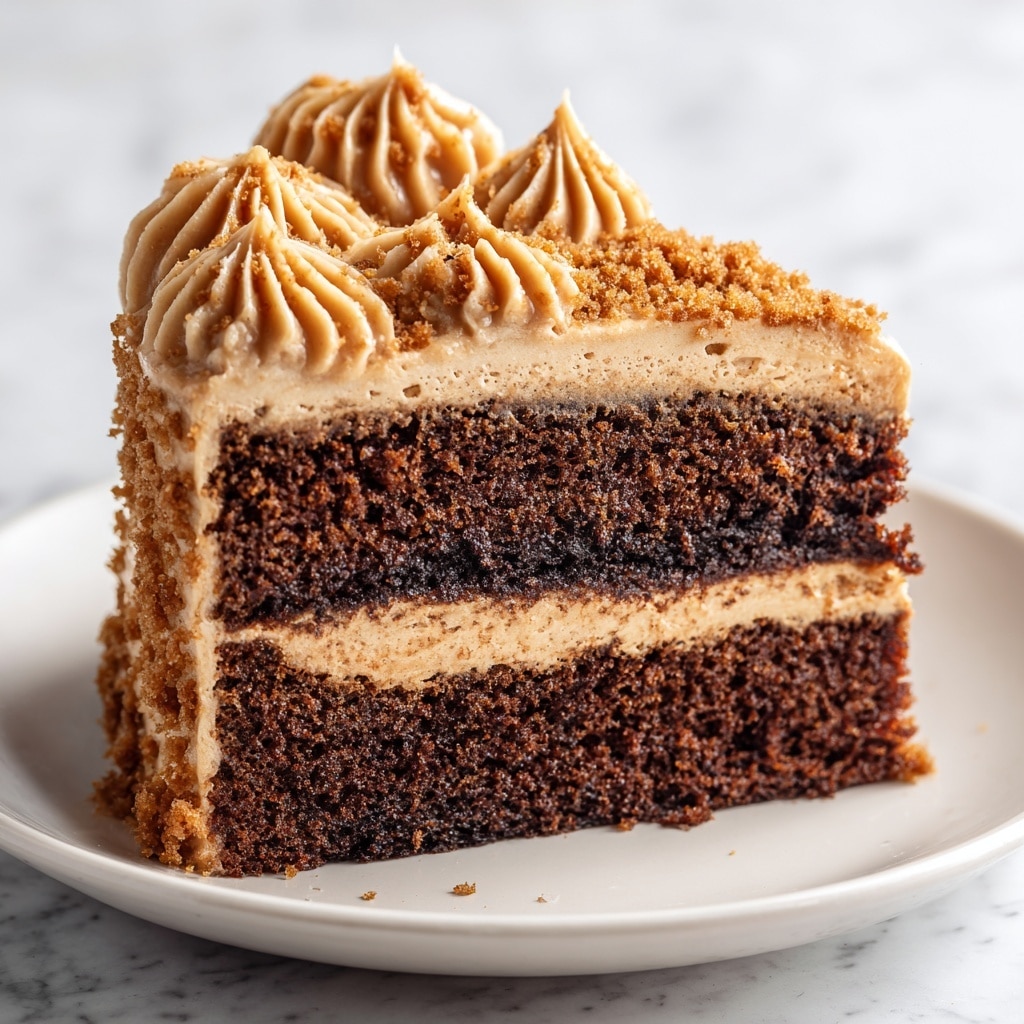 A close-up of a two-layer gingerbread cake slice on a white plate, each layer is dark brown with a moist texture. Between the layers, there is a smooth, light brown cinnamon molasses frosting. The top of the cake is covered in the same frosting with swirled dollops and sprinkled with fine crumbs of cake, adding a crumbly texture on top. The background surface is white with a marbled texture. photo taken with an iphone --ar 4:5 --v 7