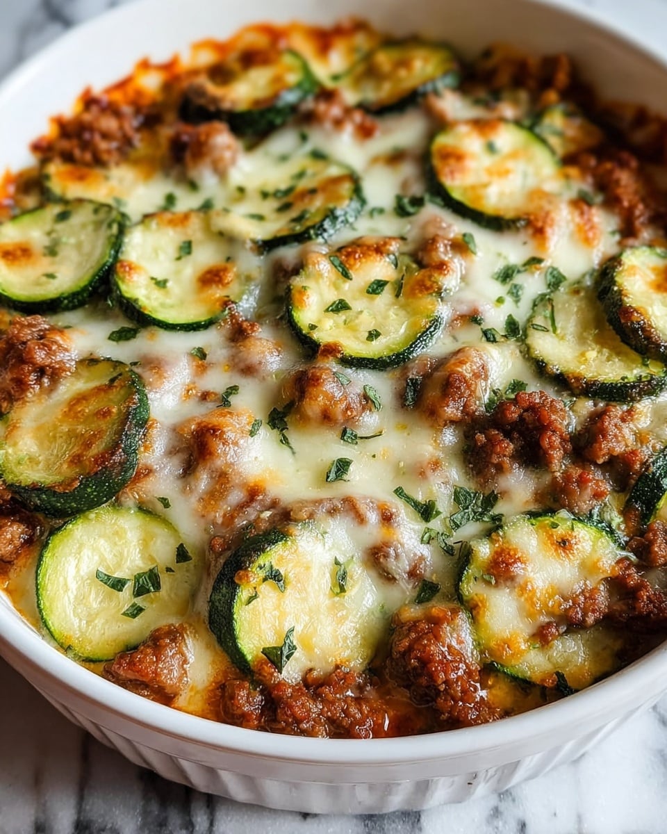 This dish shows a baked casserole in a round white bowl filled with layers. The bottom layer is a mix of melted cheese and browned meat sauce with visible small chunks of ground beef. On top, there are medium-thick slices of green zucchini with some browned edges, spread evenly across the surface. The top layer is covered with melted cheese that is golden brown in some spots, blending with the meat and zucchini. Small green herb flakes are sprinkled all over the top giving it a fresh look. The background is a white marbled texture. photo taken with an iphone --ar 4:5 --v 7