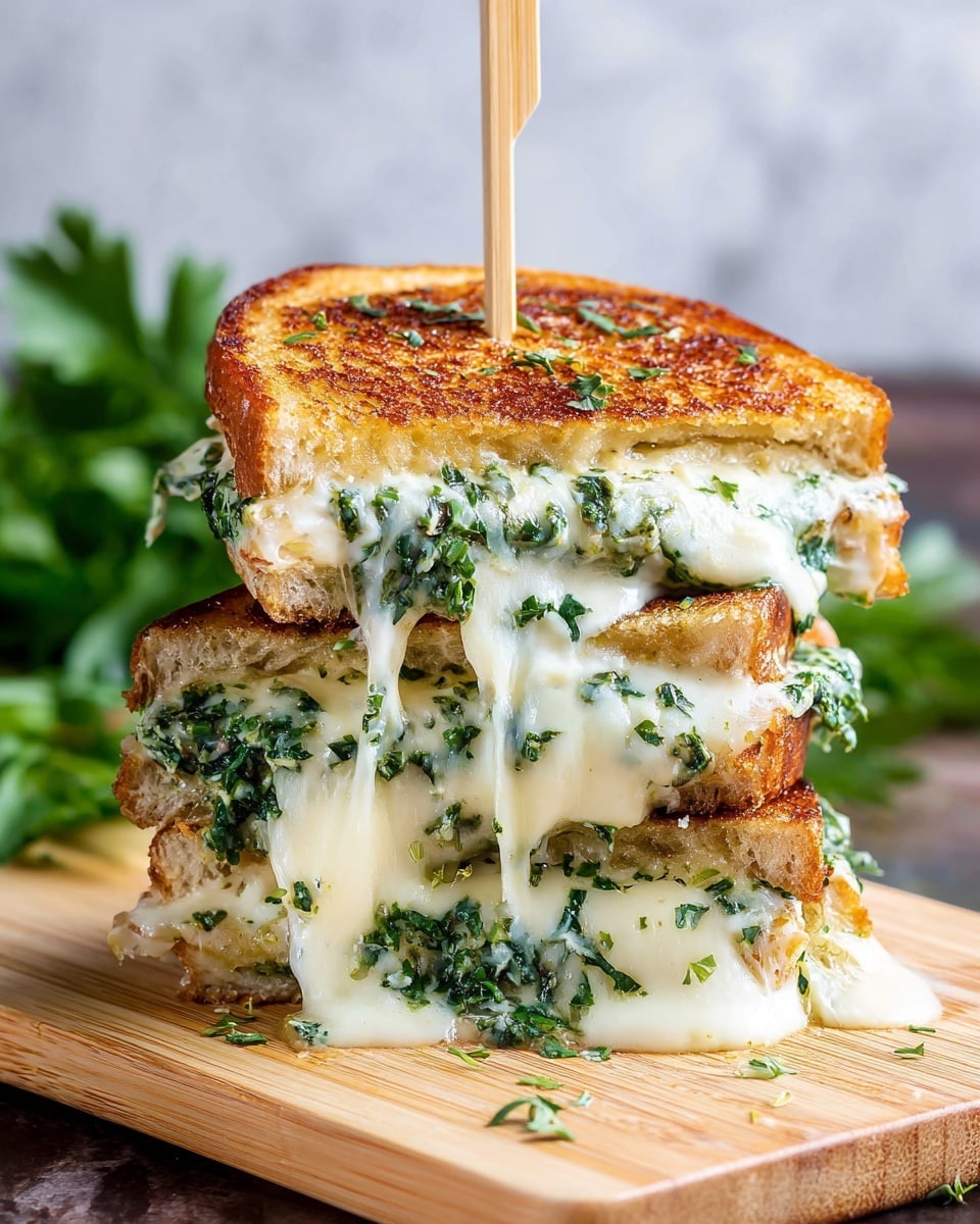 A grilled sandwich cut in half and stacked on top of each other on a wooden board, held together by a stick through the middle. The sandwich has three thick layers of golden brown toasted bread, with two layers of melted white cheese in between, mixed with bright green spinach leaves and herbs. The cheese is soft, stretchy, and oozes out from the sides, blending with the fresh greens. The background shows a blurred green leafy plant and a blue cloth, while the sandwich is placed on a white marbled surface. Photo taken with an iphone --ar 4:5 --v 7