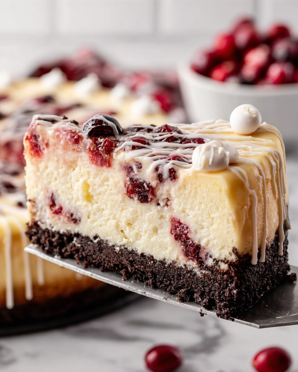 A close-up of a slice of cheesecake held on a silver cake server shows three distinct layers: a crumbly dark brown cookie crust at the bottom, a thick creamy light yellow cheesecake layer in the middle with red cherry pieces scattered inside, and a smooth light glaze on top with white icing drizzled in lines and small dollops at one edge. The background is a white marbled texture with blurred whole cranberries and a white bowl filled with cranberries, emphasizing the slice’s rich texture and colors. Photo taken with an iphone --ar 4:5 --v 7