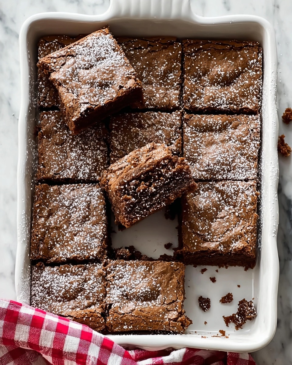 A white rectangular baking dish contains nine square pieces of a rich brown brownie with a slightly cracked top crust dusted with a light layer of powdered sugar. One brownie piece is lifted above the others, showing a dense, moist inner texture with a uniform dark brown color. Crumbs are scattered inside the dish, and the dish rests on a white marbled surface with a red and white checked cloth partially visible nearby. Photo taken with an iphone --ar 4:5 --v 7
