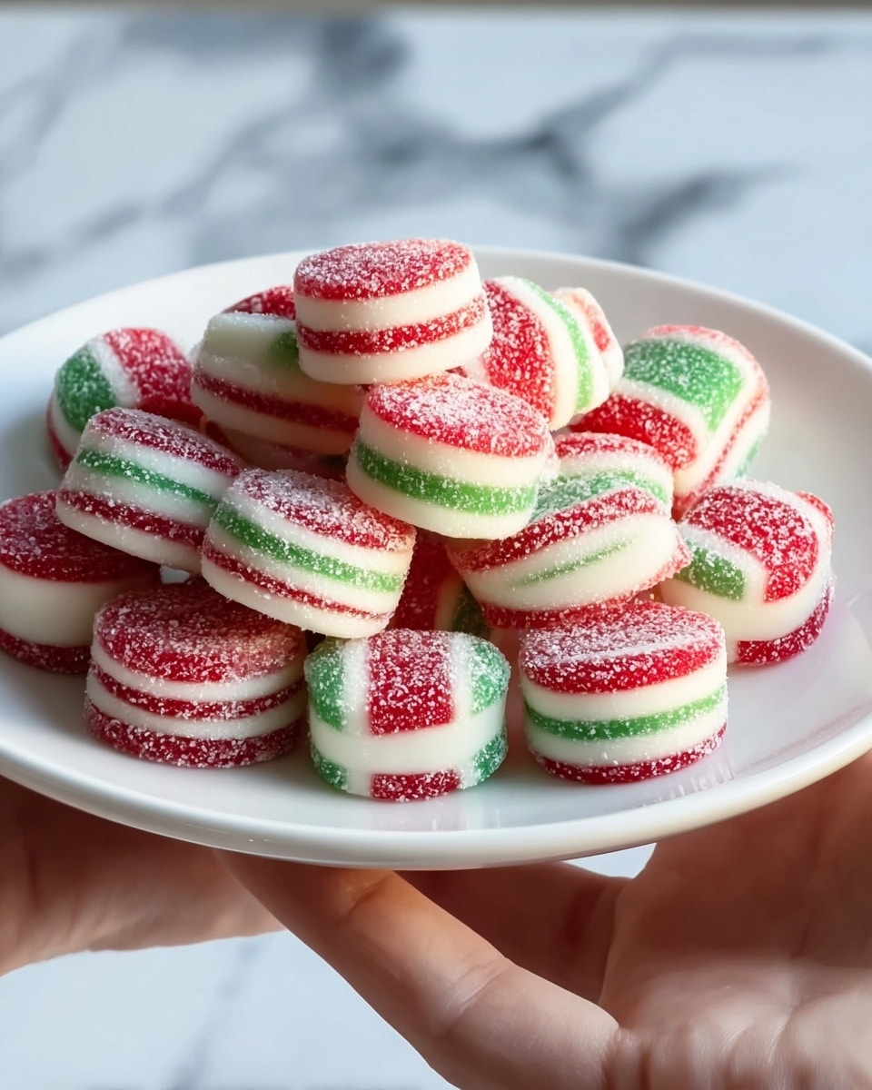 A white plate is filled with many cube-shaped marshmallows, each covered in white sugar crystals with swirls and stripes in bright red and green colors. The marshmallows are stacked in a small mound, showing their soft, fluffy texture with some slightly rounded edges and a sugary coating that sparkles under the light. The background is a white marbled surface with soft natural lighting from the side. photo taken with an iphone --ar 4:5 --v 7