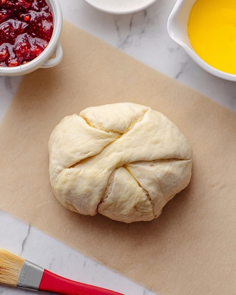 The image shows a ball of dough folded and pinched closed at the top, creating a round shape with visible creases. The dough's surface is pale beige with a soft, slightly uneven texture. The dough ball sits on parchment paper over a white marbled surface. Nearby, there is a white bowl with bright yellow beaten eggs and a red and gray brush next to it. A white dish holds vibrant red jam with small seeds, partially visible at the top left of the image. Photo taken with an iphone --ar 4:5 --v 7