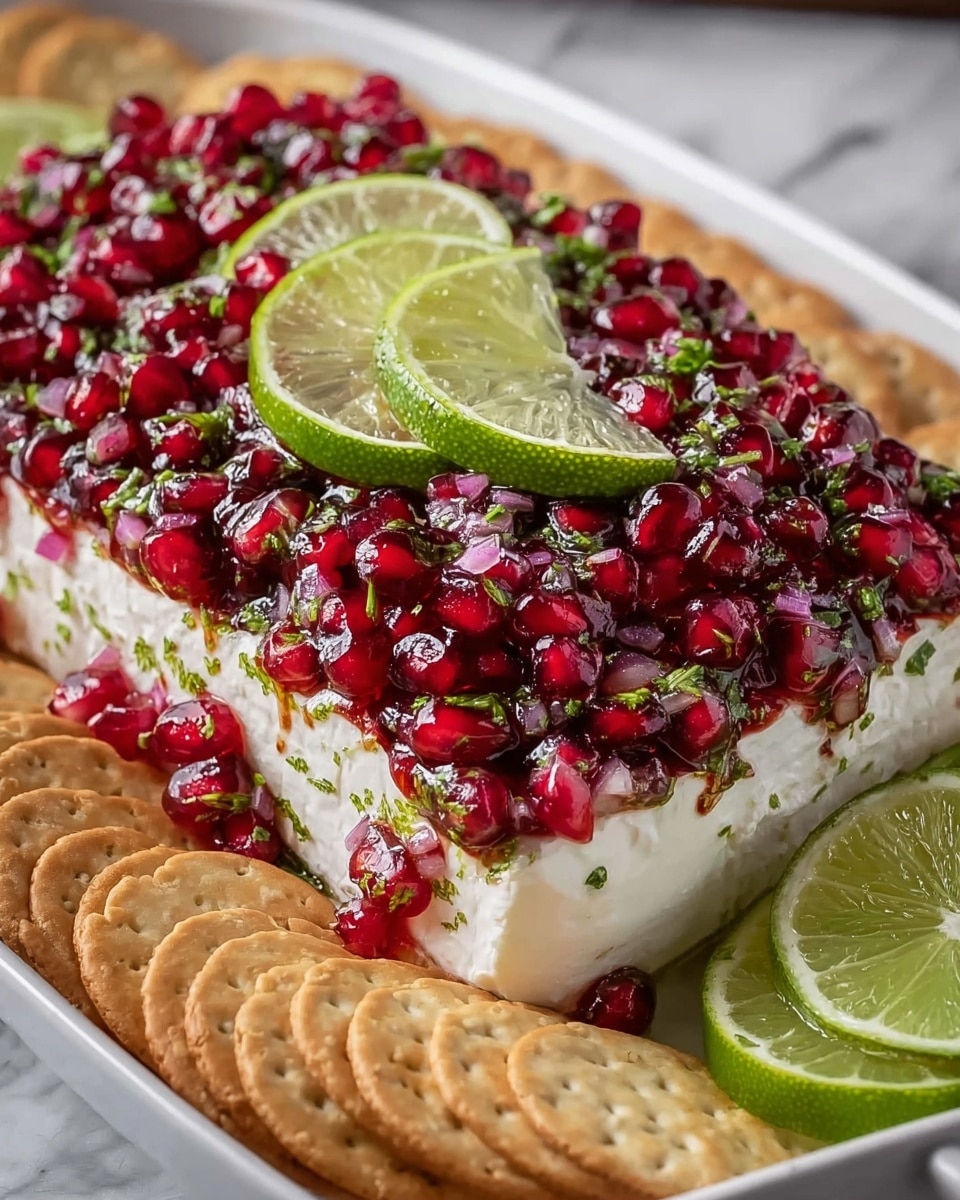 A white rectangular cheese block layered at the bottom, topped thickly with a glossy mix of red pomegranate seeds and finely chopped green herbs. Small bits of red onion pieces are scattered within the topping, giving a textured, juicy look. Slices of bright green lime are placed on top and around the edges of the cheese as decoration. The cheese is placed in a white shallow dish, and light brown crackers are neatly arranged in a line around one side of the dish. The background surface is a white marbled texture. Photo taken with an iphone --ar 4:5 --v 7