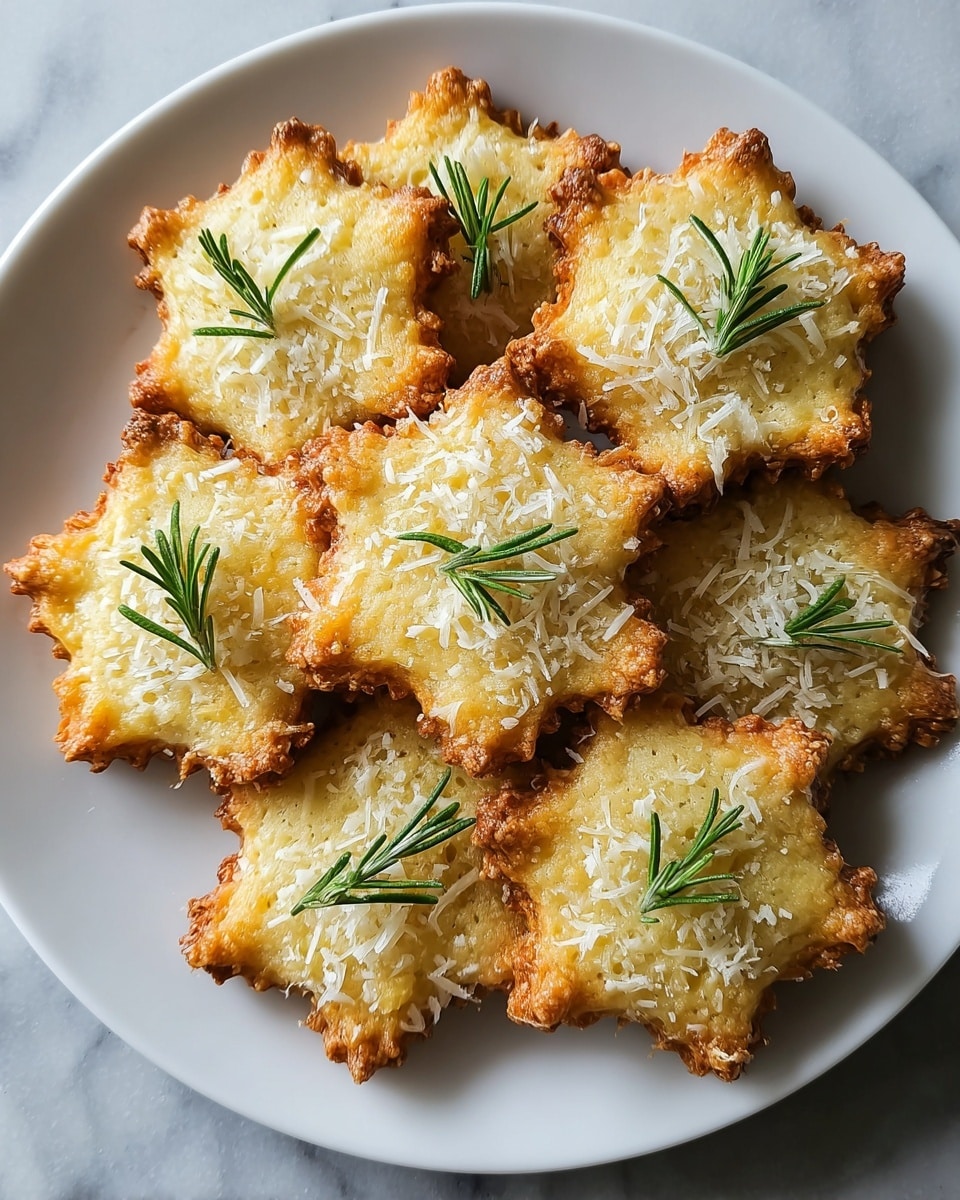 A white plate filled with several round, star-shaped baked cheese cookies with golden brown edges and a cheesy, slightly rough surface. Each cookie is topped with a small sprig of fresh green rosemary and a light dusting of grated cheese that adds texture and contrast to the warm yellow and light brown tones of the baked cheese bases. The plate is placed on a white marbled surface, enhancing the bright and appetizing look of the dish. photo taken with an iphone --ar 4:5 --v 7