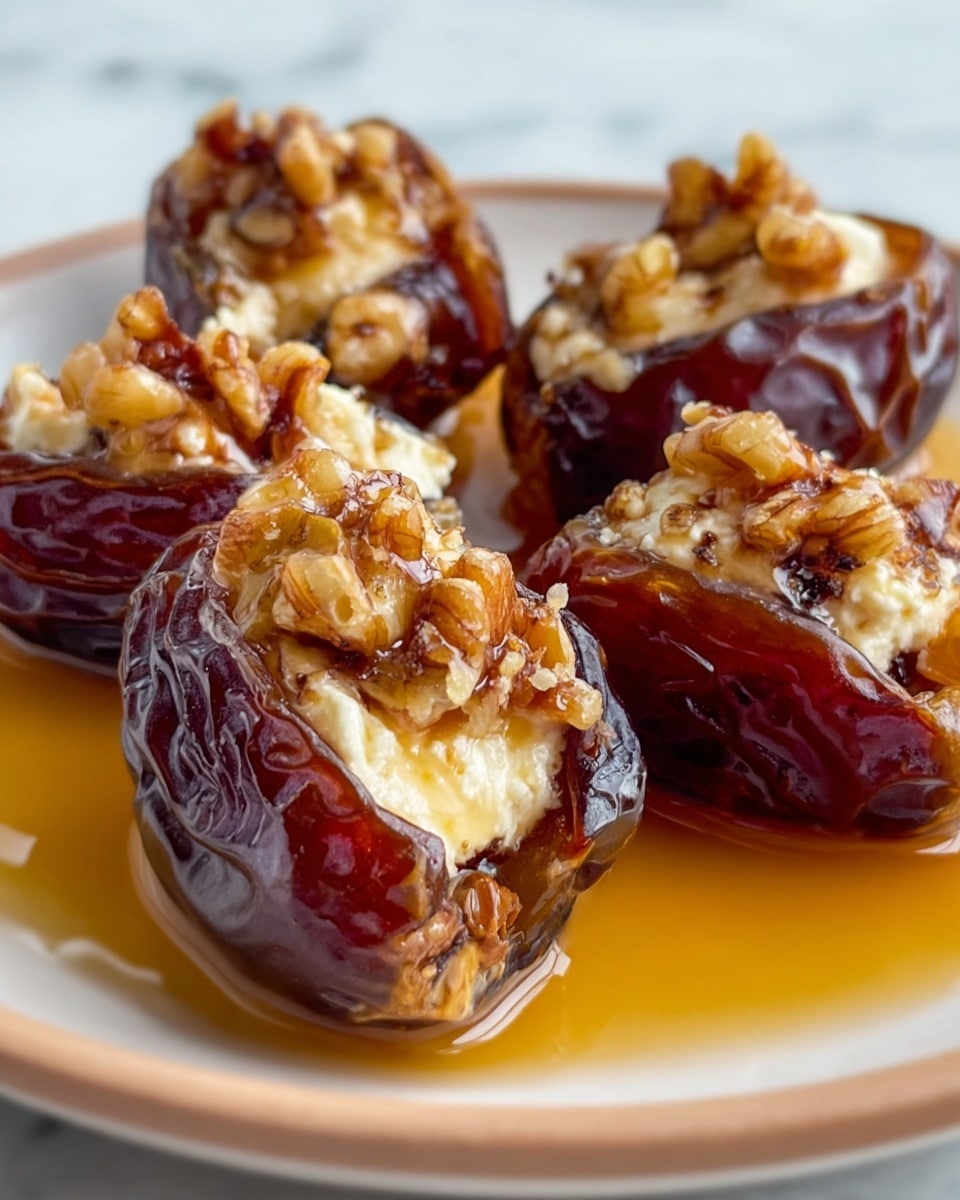 The image shows a close-up of four stuffed dates on a white plate with a light brown rim, placed on a white marbled surface. Each date has a dark shiny brown outer skin with a textured wrinkled surface. They are cut open and filled with a creamy white layer of cheese, topped with rough pieces of light brown walnuts. The dates sit in a pool of golden amber syrup that glistens under the light, adding a glossy reflection on the plate. The stuffed dates are arranged close to each other, with one date in the front clearly in focus and the others slightly blurred in the background. Photo taken with an iphone --ar 4:5 --v 7