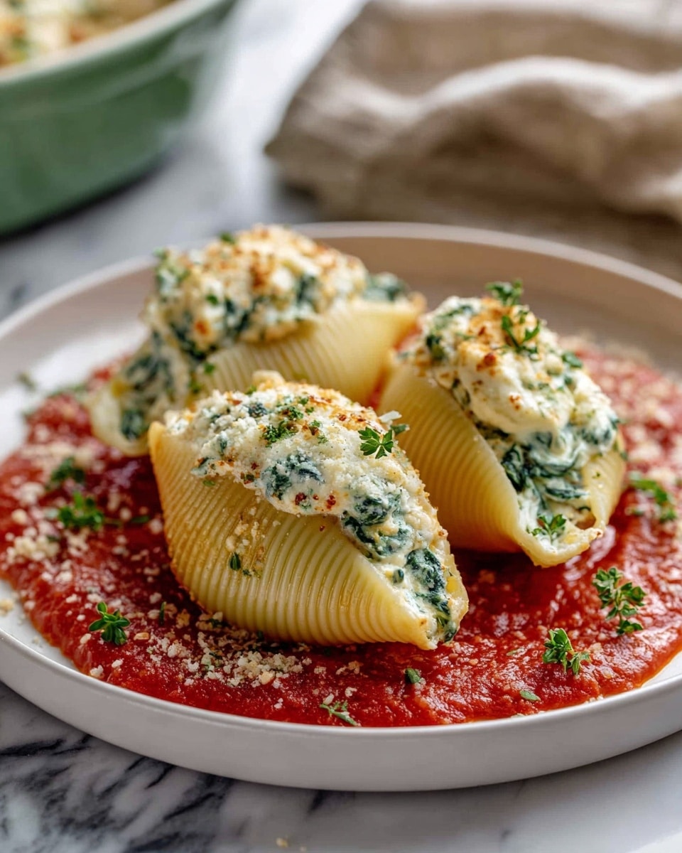 Three large stuffed pasta shells sit on a white plate with a thin layer of red tomato sauce spread beneath them. Each shell is filled with a creamy white and green spinach and cheese mixture that is slightly textured, with bits of herbs sprinkled on top. The shells have a ridged texture and a light yellow color, and they are arranged close together in the center of the plate. Small pieces of grated cheese and chopped herbs are scattered over the filling and sauce. The plate rests on a white marbled surface with a soft focus background. Photo taken with an iphone --ar 4:5 --v 7