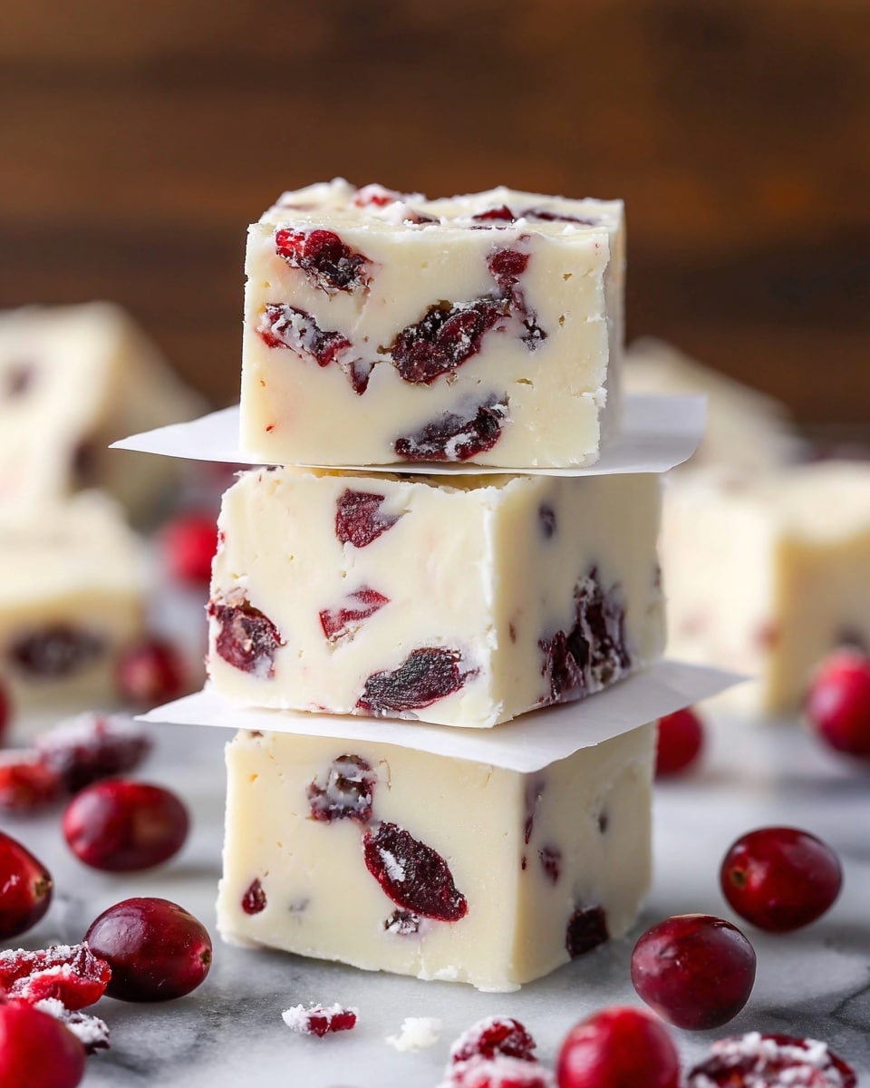 The image shows three thick square pieces of white fudge stacked one on top of another, each piece filled with small red dried cranberries evenly spread throughout. The fudge looks smooth and creamy with the cranberries adding a textured look. The background is softly blurred with dark brown tones, and some red berries can be seen out of focus. The photo has a close-up view, capturing the rich and dense texture of the fudge. photo taken with an iphone --ar 4:5 --v 7